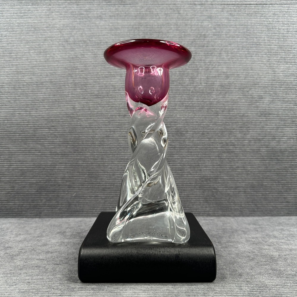 Vintage Hand Blown Art Glass Twisted Stem Candlestick Holder Cranberry Pink